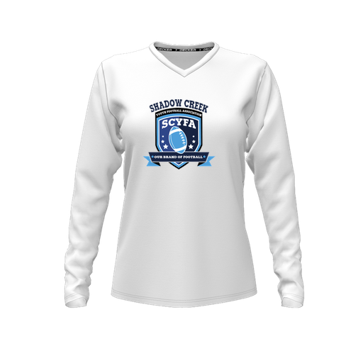 [CUS-DFW-TEES-CMF-VNK-LSL-WHT-FYXS-LOGO2] Comfort T-Shirt (Female Youth XS, White, V Neck, Logo 2, Long Sleeve)