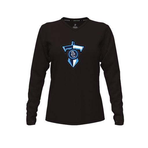 [CUS-DFW-TEES-CMF-VNK-LSL-BLK-FYXS-LOGO1] Decker Comfort T-Shirt (Female Youth XS, Black, V Neck, Logo 1, Long Sleeve)