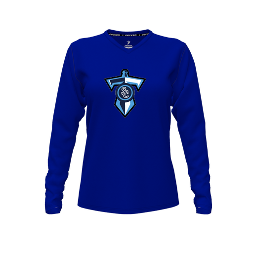 [FTLVCFRY-FYXS-LOGO1] Decker Comfort T-Shirt (Female Youth XS, Royal, V Neck, Logo 1, Long Sleeve)