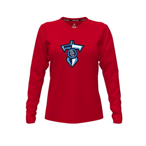 [CUS-DFW-TEES-CMF-VNK-LSL-RED-FYXS-LOGO1] Comfort T-Shirt (Female Youth XS, Red, V Neck, Logo 1, Long Sleeve)