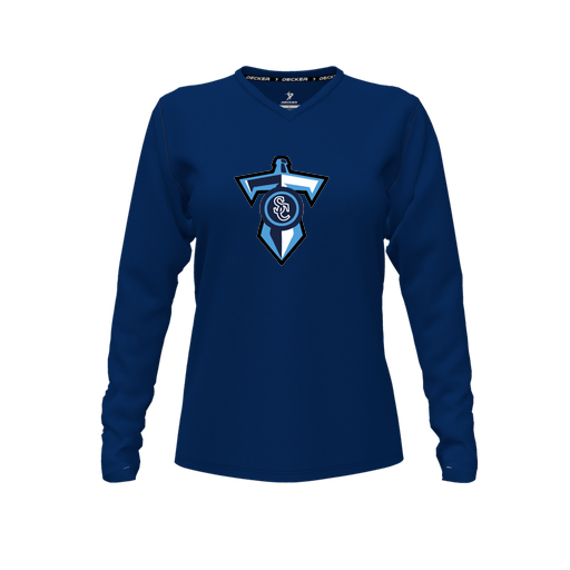 [CUS-DFW-TEES-PER-VNK-LSL-NVY-FYXS-LOGO1] Performance T-Shirt (Female Youth XS, Navy, V Neck, Logo 1, Long Sleeve)