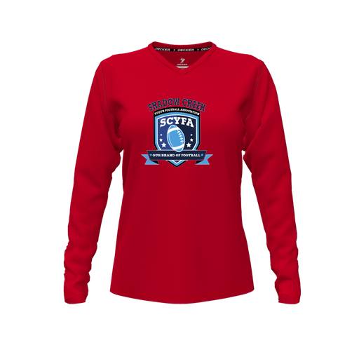 [CUS-DFW-TEES-PER-VNK-LSL-RED-FYXS-LOGO2] Decker Performance T-Shirt (Female Youth XS, Red, V Neck, Logo 2, Long Sleeve)