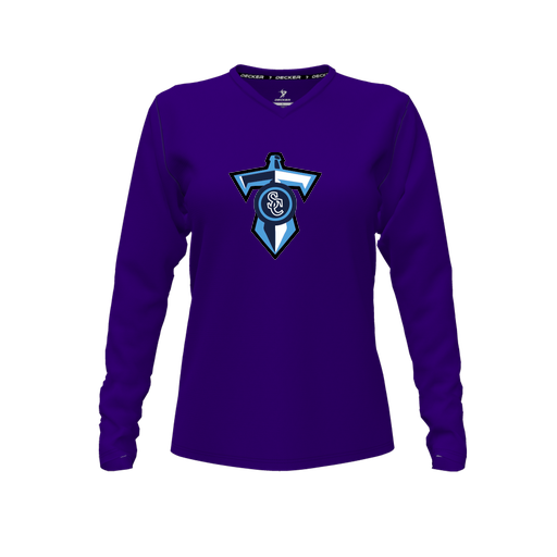 [CUS-DFW-TEES-PER-VNK-LSL-PUR-FYXS-LOGO1] Decker Performance T-Shirt (Female Youth XS, Purple, V Neck, Logo 1, Long Sleeve)